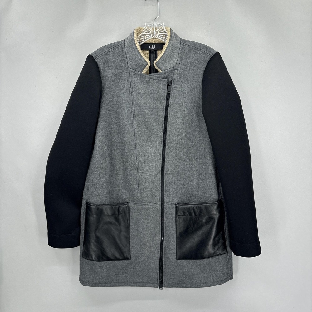 Tibi Coat Womens 4 Gray Black Sherpa Lined Leather Pocket Asymmetrical Zip